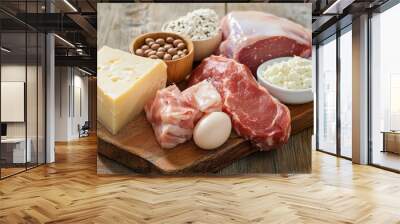 Selection of protein-rich foods on a wooden board including meat, cheese, eggs, beans, and cottage cheese. Ideal for nutrition and health concepts. Wall mural