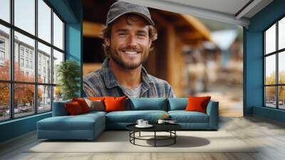 Smiling carpenter in casual work attire standing in front of a wooden structure under construction in an outdoor setting. Wall mural