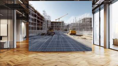 Urban construction site with scaffolding, cranes, and building machinery under clear sky. Early morning view of a modern development project. Wall mural