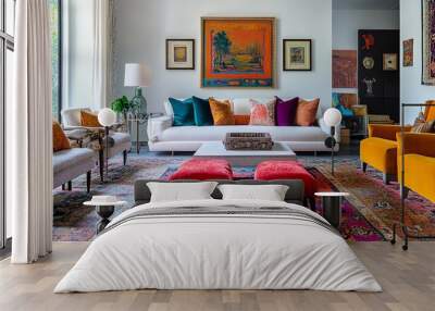 A living room with a white couch, two orange armchairs, a large patterned rug, and artwork on the walls. Wall mural