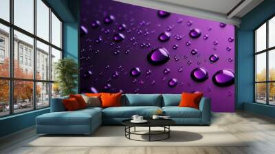 A macro shot of water droplets on a purple surface. Wall mural