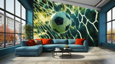 A soccer ball flying into the goal net. Wall mural