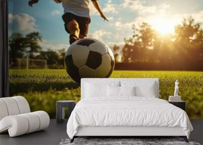 A soccer player kicks the ball on a green field. Wall mural