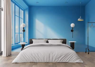 An empty room with blue walls and a window with a view of a city skyline. Wall mural