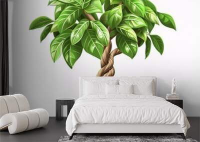 PNG illustration of a lush money tree with braided trunk and green leaves in a stylish pot on a white background Wall mural