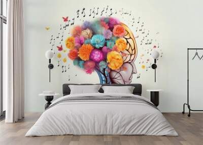 Human brain tree with flowers, self care and mental health concept, positive thinking, creative mind, Generative AI Wall mural