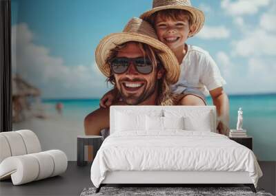 Parents carrying son on shoulders on beach vacation, Generative AI Wall mural