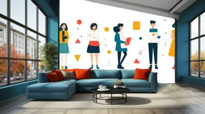 set of flat cartoon people with colorful geometric shapes on isolated background. Man and woman character bundle doing organization task,business partnership or teamwork activity concepts,GenerativeAI Wall mural