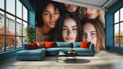 Vertical view five multi-ethnic best friends posing indoors, Generative AI Wall mural