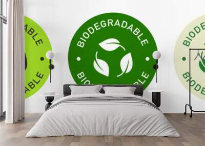 Biodegradable label vector design for packaging. Leaves icon. Recycling color sticker. Wall mural