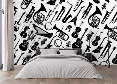 Seamless background with silhouettes of musical instruments black color isolated on white - Vector illustration Wall mural