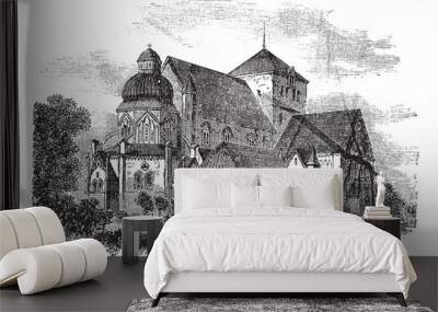 Nidaros Cathedral in Trondheim, Norway, vintage engraving Wall mural