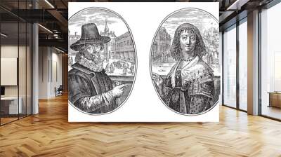 Soliciteur from The Hague and his wife, Crispijn van de Passe (II), 1641, vintage illustration. Wall mural