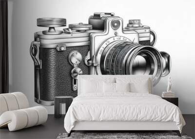 Vintage Camera Engraving: Meticulously Detailed on White. Wall mural