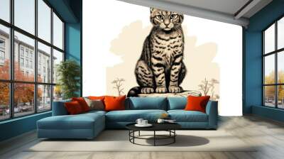 Vintage-style Marbled Cat Engraving Illustration on White Background, reminiscent of the 1800s. Wall mural