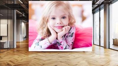 Beautiful smiling kid girl 3-4 year old wearing princess dress closeup. Looking at camera. Childhood. Wall mural