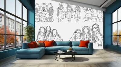 Set Bundle Happy Women and Girl Best Friend Group Line Art Wall mural