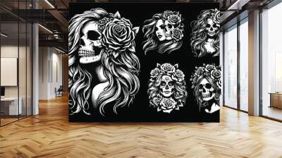 Set Dark Art Skull Girl with Long Hair Rose Woman Grunge Vintage Tattoo illustration black white Wall mural