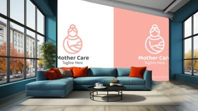 Mother holding baby logo design illustration. Mother embracing baby child son birth affection care. Minimal linear icon symbol compassion gentle warmth feminine maternal parent family happiness. Wall mural