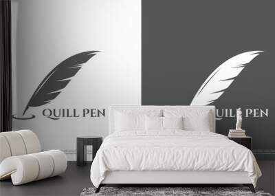 Simple quill pen logo icon. Silhouette quill pen ink author writer lettering abstract inkwell feather fur black message book mail. Illustration of a royal design symbol vintage old luxury elegant art. Wall mural