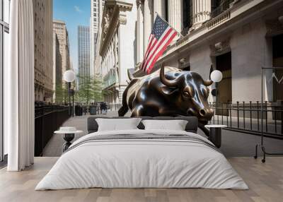 American flag and a Wall Street street sign in Lower Manhattan, New York City, USA, in the background of the Charging Bull bronze sculpture by Italian artist Arturo Di Modica, Bowling Green, Manh Wall mural