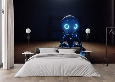 An animated robot sits alone in a dark, empty room, illuminated only by a glowing blue light emanating from its eyes. Its metallic body is still, but its mind is alive with thoughts and feelings, Wall mural