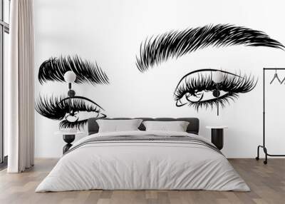 A stylish illustration of an eye featuring long, voluminous lashes. Created as a hand-drawn vector design, it showcases natural eyebrows and contemporary makeup. Wall mural