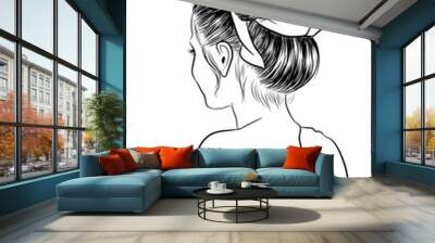 Hand-drawn beauty woman with luxurious cute bun hairstyle. Idea for card typography vector.Wedding style Wall mural