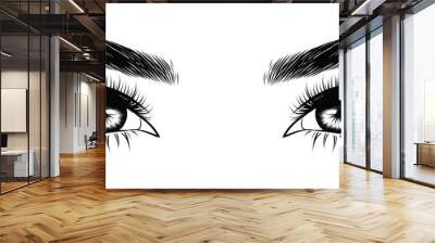 Illustration of woman's sexy luxurious eye with perfectly shaped eyebrows and full lashes. Hand-drawn Idea for business visit card, typography vector. Perfect salon look. Wall mural