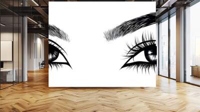 Illustration of woman's sexy luxurious eye with perfectly shaped eyebrows and full lashes. Hand-drawn Idea for business visit card, typography vector. Perfect salon look. Wall mural