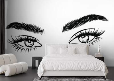 Sleek fashion illustration of the eye with luxe makeup and natural eyebrow. Hand drawn vector idea for business visit cards, templates, web, salon banners,brochures. Microblading visit card Wall mural