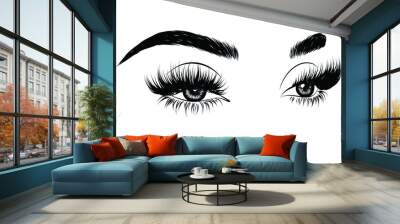 Sleek fashion illustration of the eye with luxe makeup and natural eyebrow. Hand drawn vector idea for business visit cards, templates, web, salon banners,brochures. Microblading visit card Wall mural