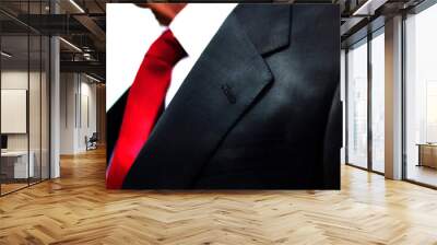 a black business suit jacket with white shirt and red tie, man neck and chest close up texture background with copy space. Wall mural