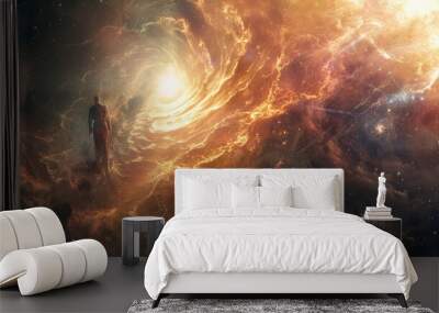 A cosmic tapestry of John 1:1-3, the Logos as a radiant figure, embodying the beginning of time, galaxies spiraling into existence from His spoken word, unity with the divine essence. Wall mural