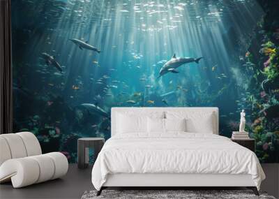 An expansive underwater scene, clear blue ocean filled with playful dolphins and colorful fish, illuminated by beams of sunlight from above.  Wall mural