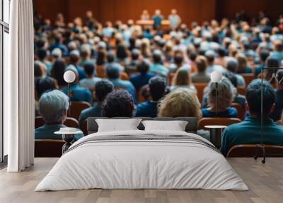 The image captures a lively scene of a conference room, filled with attendees engrossed in a presentation. Wall mural