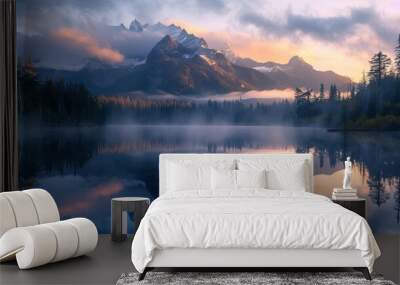 Serene lake with mountain reflection at sunrise, mist over water, scenic landscape. Wall mural