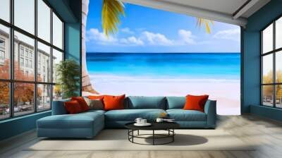 Concept summer holiday. and sunglasses, nestled on the sandy shore beneath swaying palms, all set against the backdrop of the ocean. Capturing the essence of a blissful summer  Wall mural