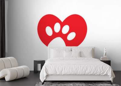 Dog paws with love design concept . cat and dog paw print inside heart set Wall mural