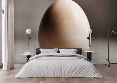 A single egg resting on a wooden table, showcasing its smooth surface and natural color. Wall mural