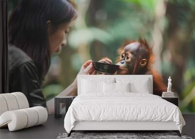 conservationist feeding a baby orang utan Wall mural