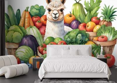   Alpaca buys fresh fruits and vegetables at the rural market  Wall mural