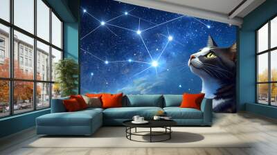 Mystical Cat Gazing at Starry Night Sky Wall mural