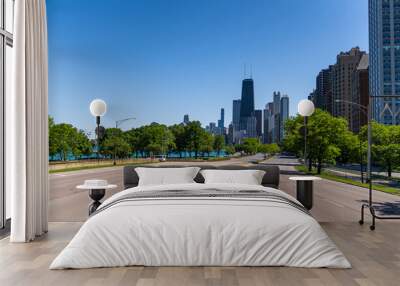 Chicago Downtown Skyline from Empty Lake Shore Drive Road on Sunny Cloudless Day Wall mural