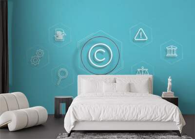 Magnifying glass focus to Digital copyright, patent concept.  icons representing copyright, intellectual property, patents, legal protection, and safeguarding digital and intel Wall mural