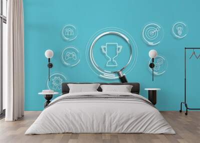 Magnifying glass focuses on gamification concept in education and marketing, interactive engaging content Wall mural