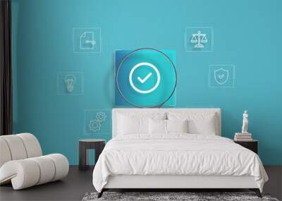 Magnifying glass focuses on Standard quality control certification assurance concept, checkbox icon of guarantee	 Wall mural