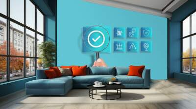 Magnifying glass focuses on Standard quality control certification assurance concept, checkbox icon of guarantee	 Wall mural