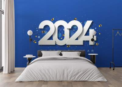 Happy new year 2024 with white numbers on a blue background Wall mural