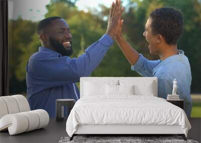 Cheerful black brothers giving high five outdoors, happy family, close relations Wall mural